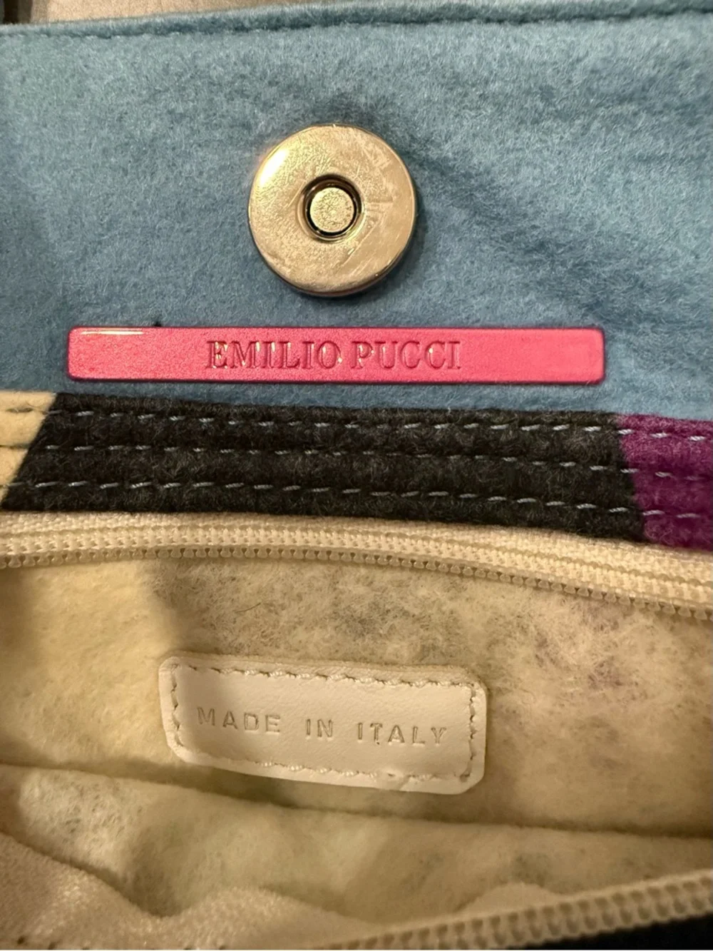 Emilio Pucci Multicolor Wool Patchwork Tote with Blue Handles